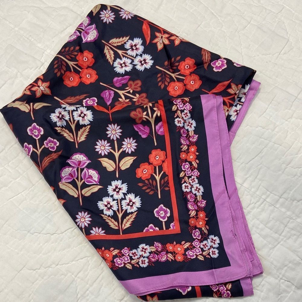 Ann Taylor 100% Silk Floral Patterned Scarf with Purple and Red Accents
